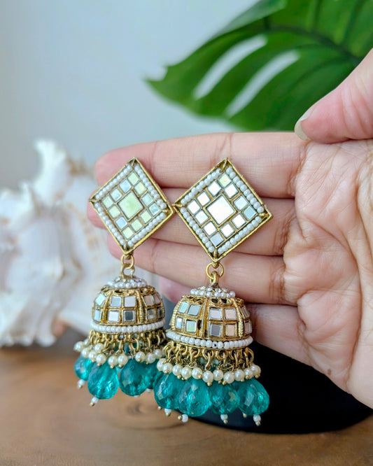 Purva Kundan Mirror Jhumka - Teal