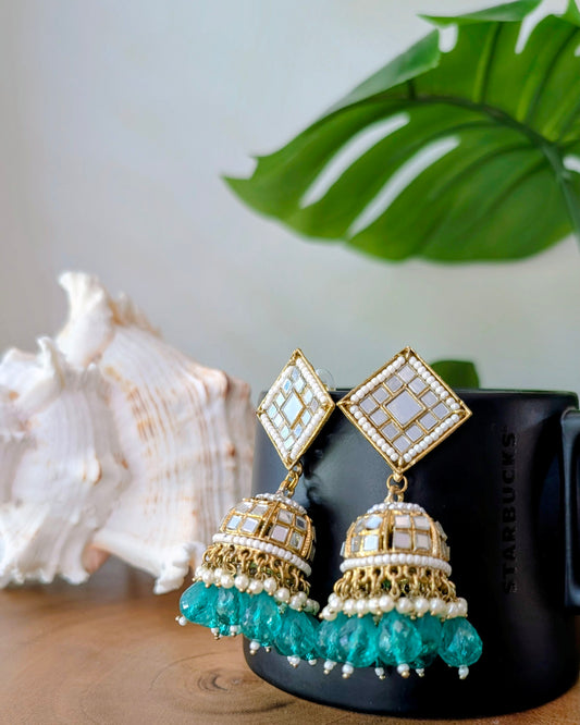 Purva Kundan Mirror Jhumka - Teal