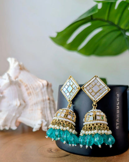 Purva Kundan Mirror Jhumka - Teal