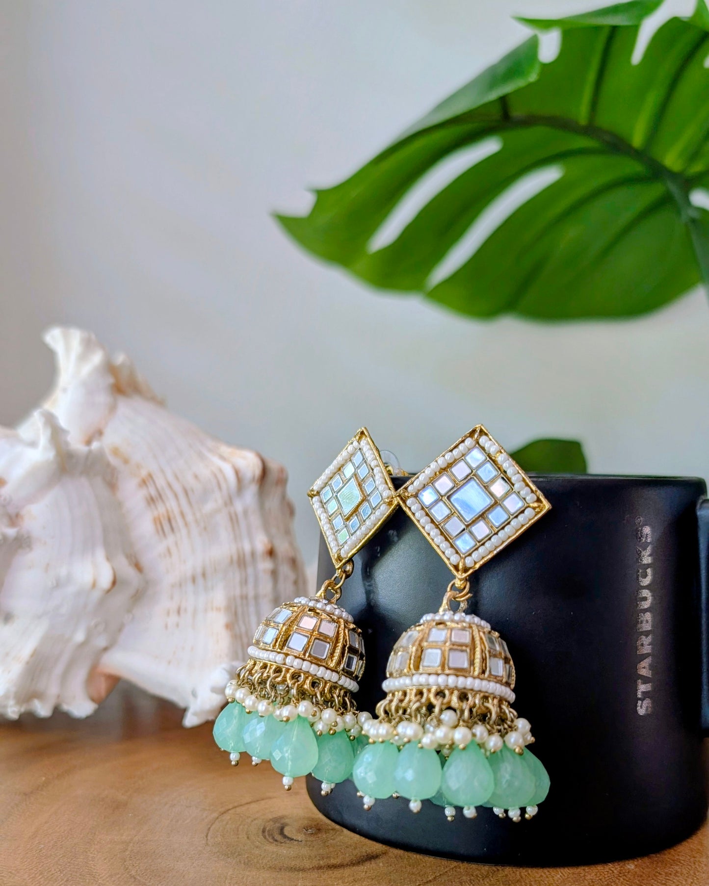 Purva Kundan Mirror Jhumka - Mint
