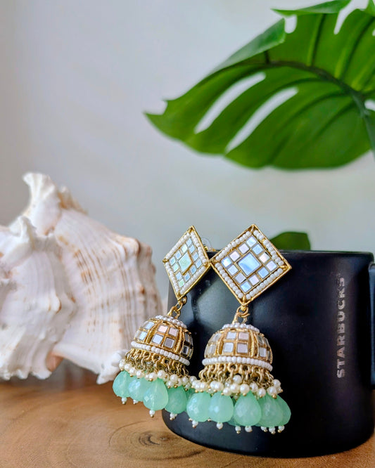 Purva Kundan Mirror Jhumka - Mint
