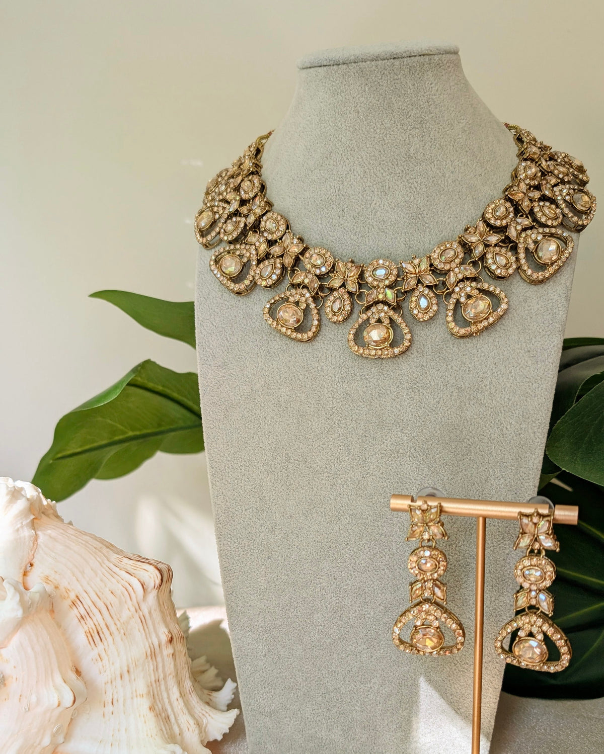 Champagne Gold Premium Polki Necklace Set with Earrings