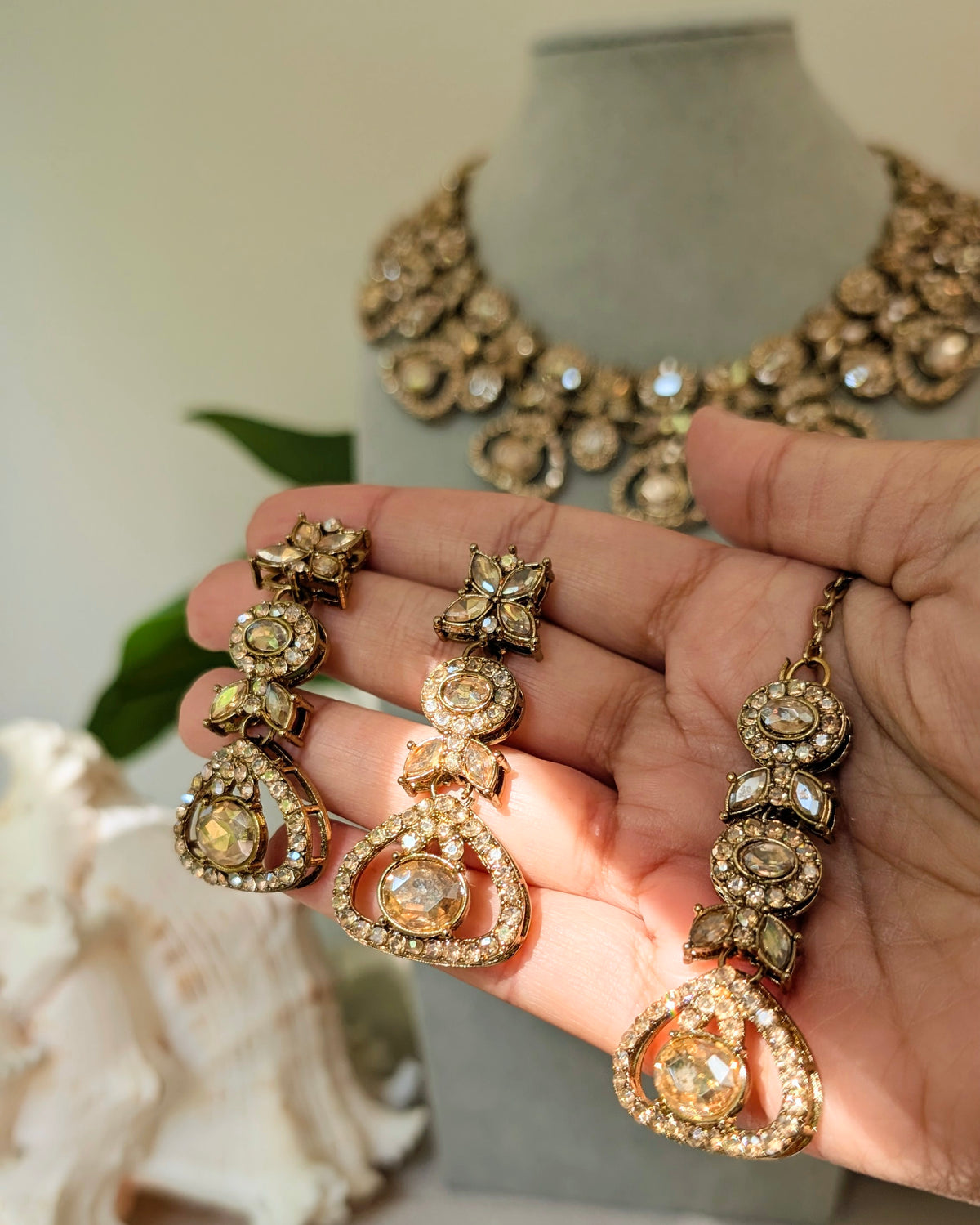 Champagne Gold Premium Polki Necklace Set with Earrings
