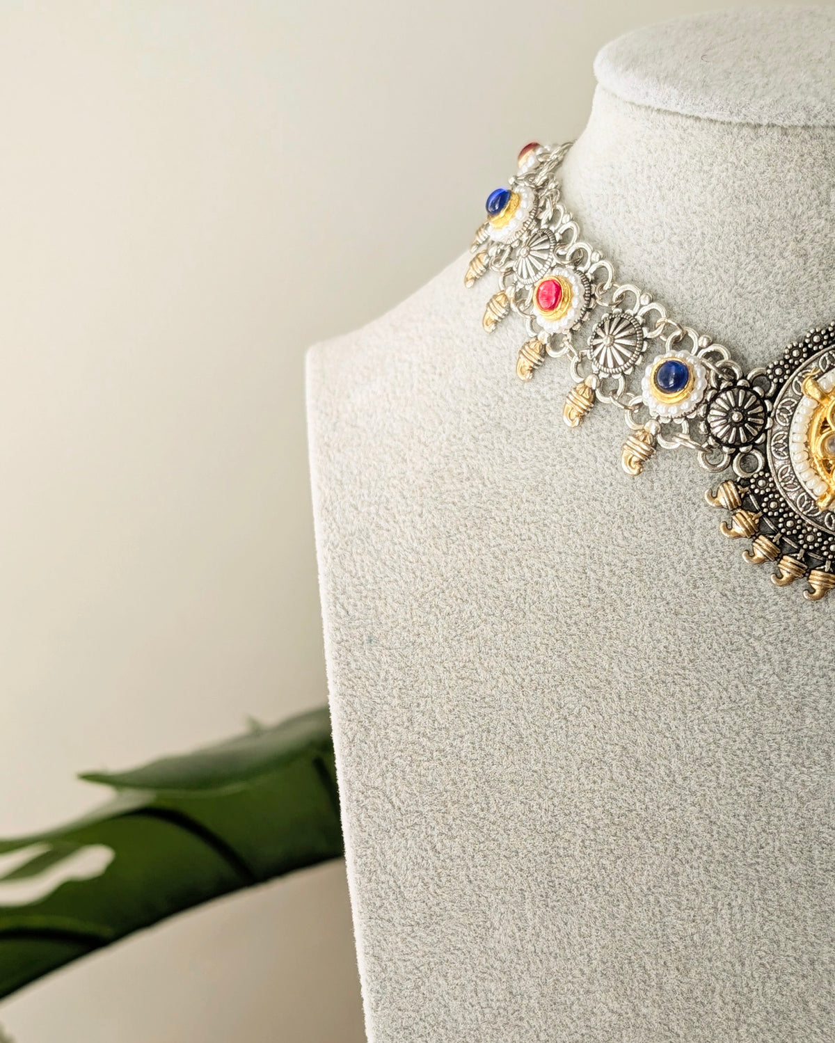 Oxidized Silver Kundan Choker Necklace with Earrings