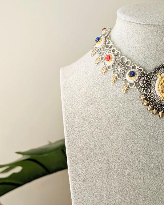 Oxidized Silver Kundan Choker Necklace with Earrings