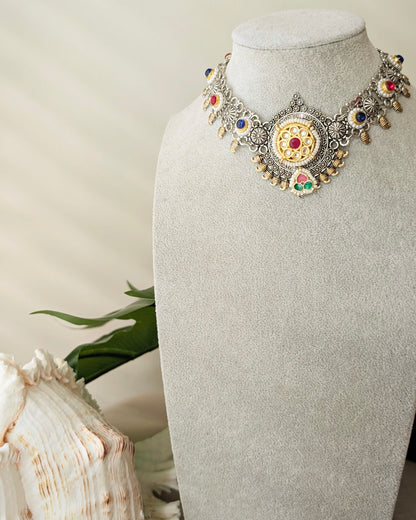 Oxidized Silver Kundan Choker Necklace with Earrings