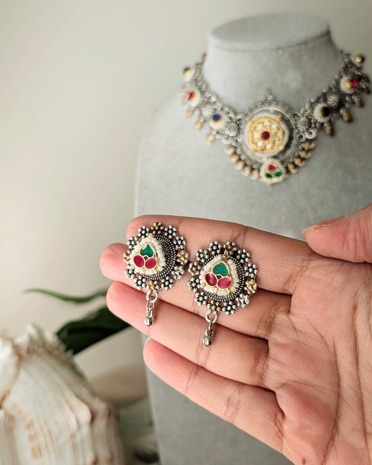 Oxidized Silver Kundan Choker Necklace with Earrings