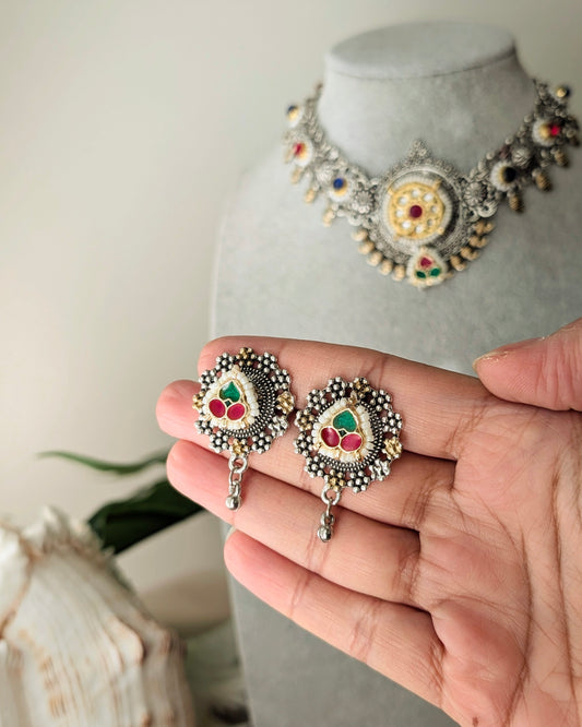 Oxidized Silver Kundan Choker Necklace with Earrings