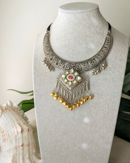 Dual Tone Oxidized Silver Hasli Kundan Ghungroo Necklace