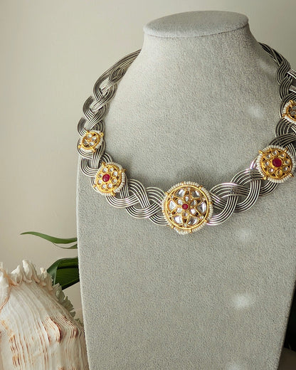 Oxidized Silver Hasli Necklace with Kundan work