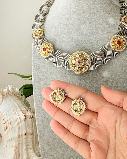 Oxidized Silver Hasli Necklace with Kundan work