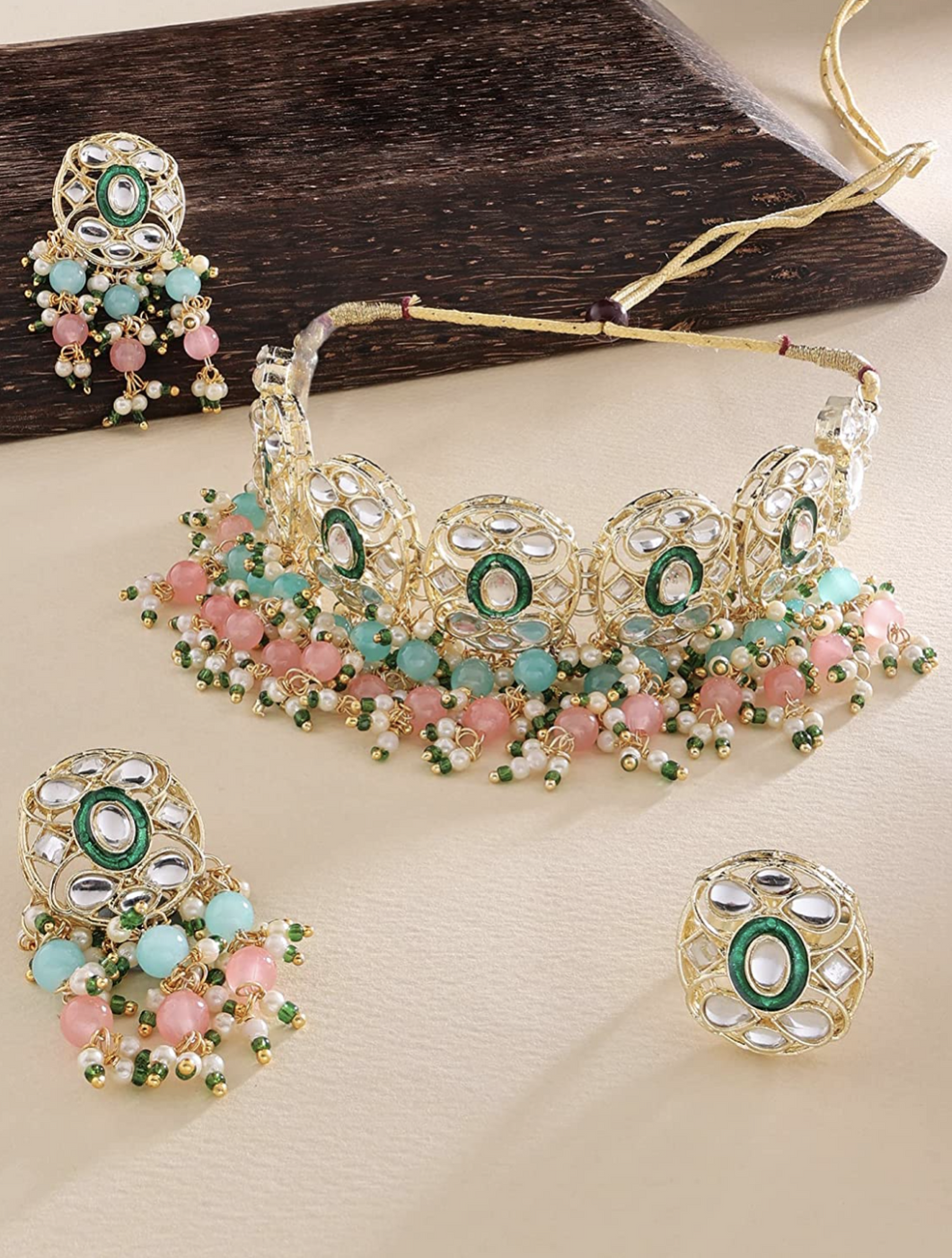 Kundan Necklace - Green & Pink