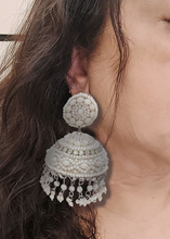Load image into Gallery viewer, Statement fabric earrings in a traditional jhumka design. White earrings
