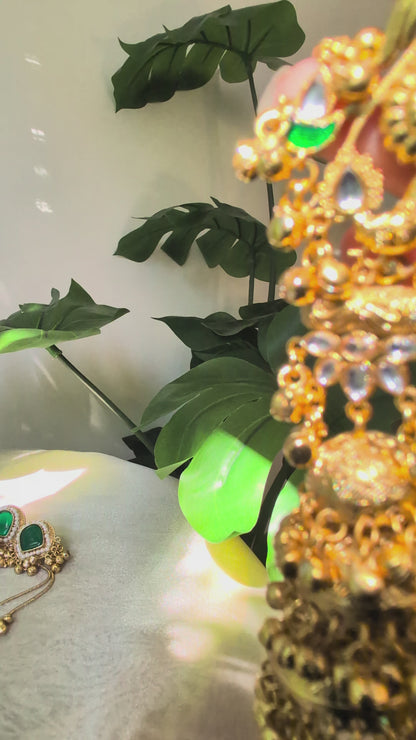 Pink & Green Earcuff Kashmiri Ghungroo Layered Jhumka Earrings