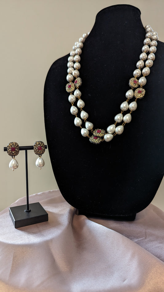 Navya Long Kundan Necklace - Pearl White