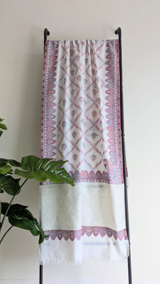 Handmade Pashmina shawls from Kashmir in kani design, very classy and warm. White color with colorful work. Great gift for parents, mothers, mother in law (MIL). Very high quality shawl available in different sizes only at Sufna Canada 