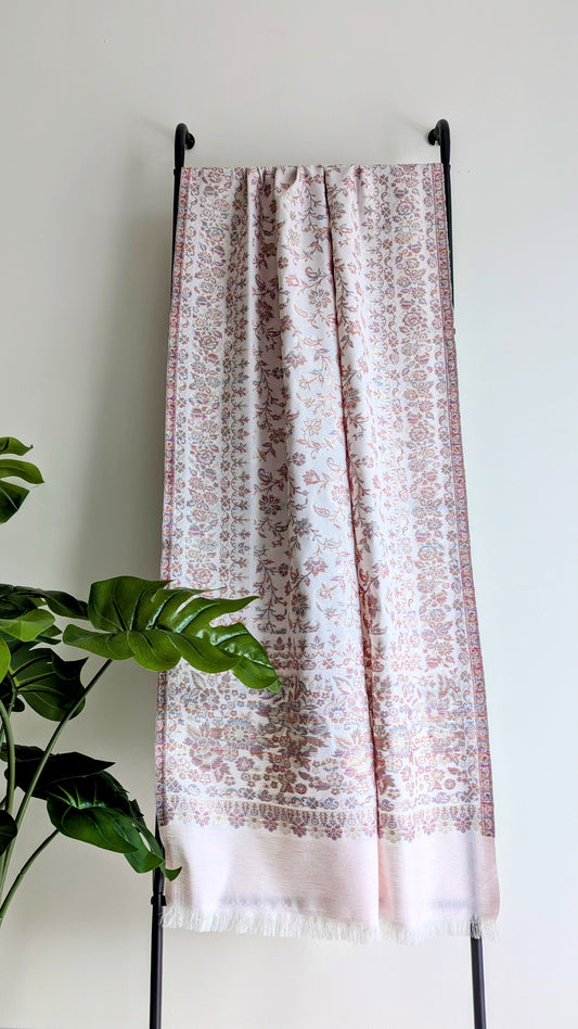 Handmade Pashmina shawls from Kashmir in kani design, very classy and warm white color. Great gift for parents, mothers, mother in law (MIL). Very high quality shawl available in different sizes only at Sufna Canada