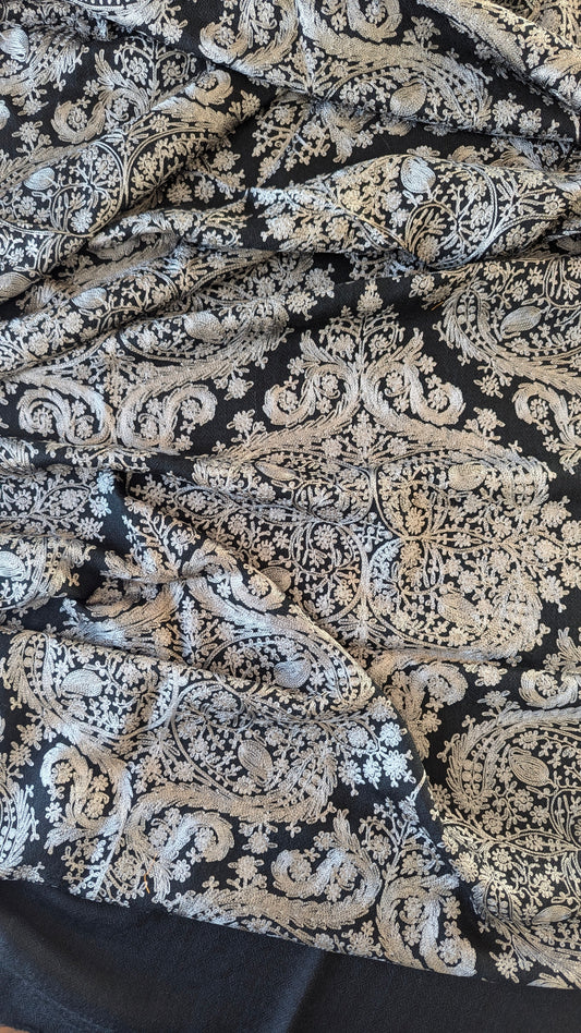 Black color Pure Pashmina shawl with intricate threadwork embroidery. Perfect for both men & women. Gift options, handmade shawls, Indian shawl. Perfect for gifting. Christmas gift, Eid gift. Gifts for women in Ajax
