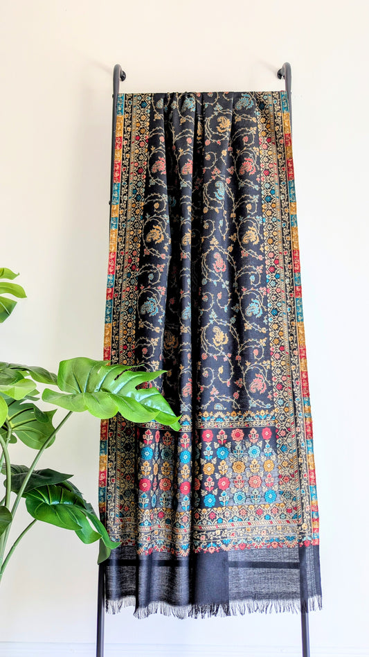 Handmade Pashmina shawls from Kashmir in kani design, very classy and warm black color with colorful work. Great gift for parents, mothers, mother in law (MIL). Very high quality shawl available in different sizes only at Sufna Canada