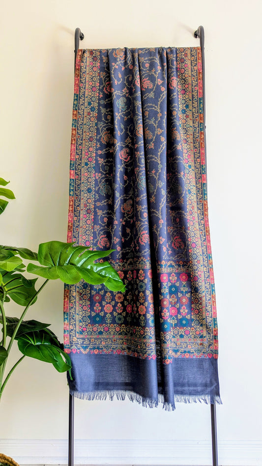 Handmade Pashmina shawls from Kashmir in kani design, very classy and warm blue color. Great gift for parents, mothers, mother in law (MIL). Very high quality shawl available in different sizes only at Sufna Canada