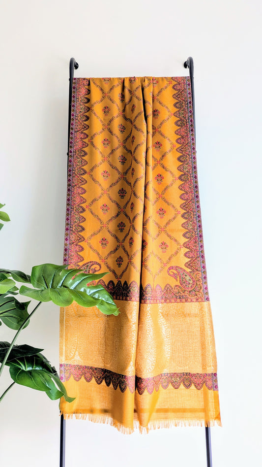 Handmade Pashmina shawls from Kashmir in kani design, very classy and warm yellow/mustard color with colorful work. Great gift for parents, mothers, mother in law (MIL). Very high quality shawl available in different sizes only at Sufna Canada