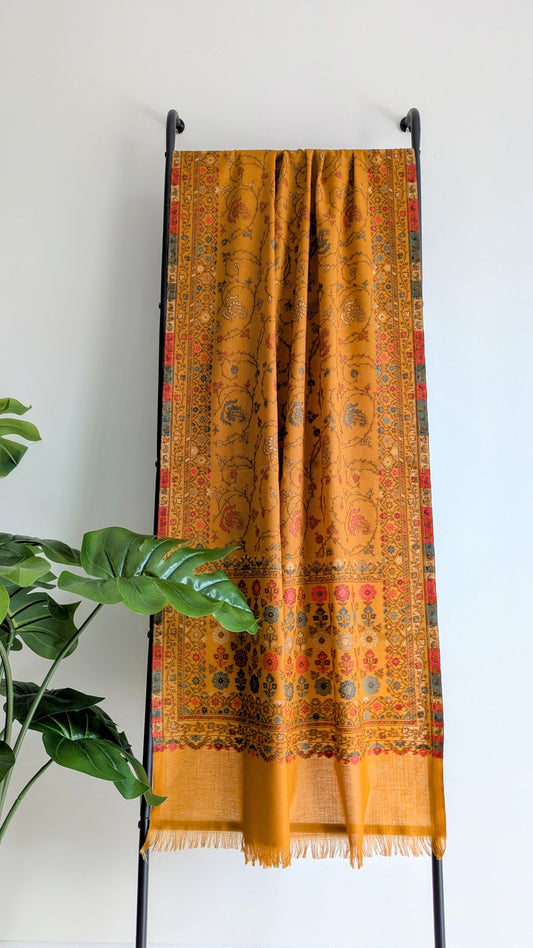 Handmade Pashmina shawls from Kashmir in kani design, very classy and warm yellow/mustard color. Great gift for parents, mothers, mother in law (MIL). Very high quality shawl available in different sizes only at Sufna Canada 