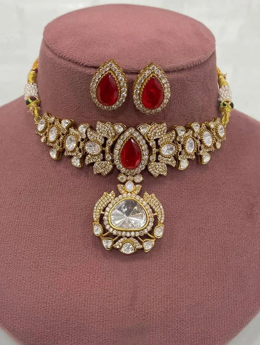 Premium Mossianite Choker with Earrings - Pink