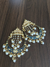 Load image into Gallery viewer, These earrings are a perfect example of royalty &amp; exquisite craftsmanship. These royal blue earrings have a crescent moon shaped design which is hand painted &amp; crafted by skilled artisans.
