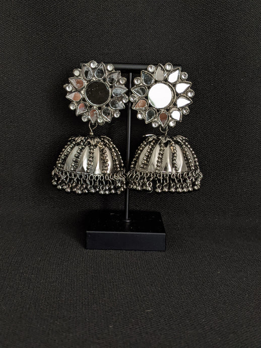 oxidized silver earrings, oxidized silver jewelry, indian jewelry, jewelry for women, earrings, earring for women,  indian earrings, casual earrings, silver earrings. Big mirror jhumkas in dark silver oxidized look. Don't be fooled by the size, these jhumkas are extremely light weight and super versatile to carry!