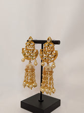 Load image into Gallery viewer, Uniquely designed Kundan earrings in mint green enamel paint and pearl jhoomar!
