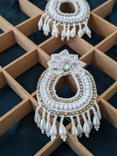 Load image into Gallery viewer, fabric earrings, white earrings, hand beaded earrings, earrings for women, party earrings, indian earrings

