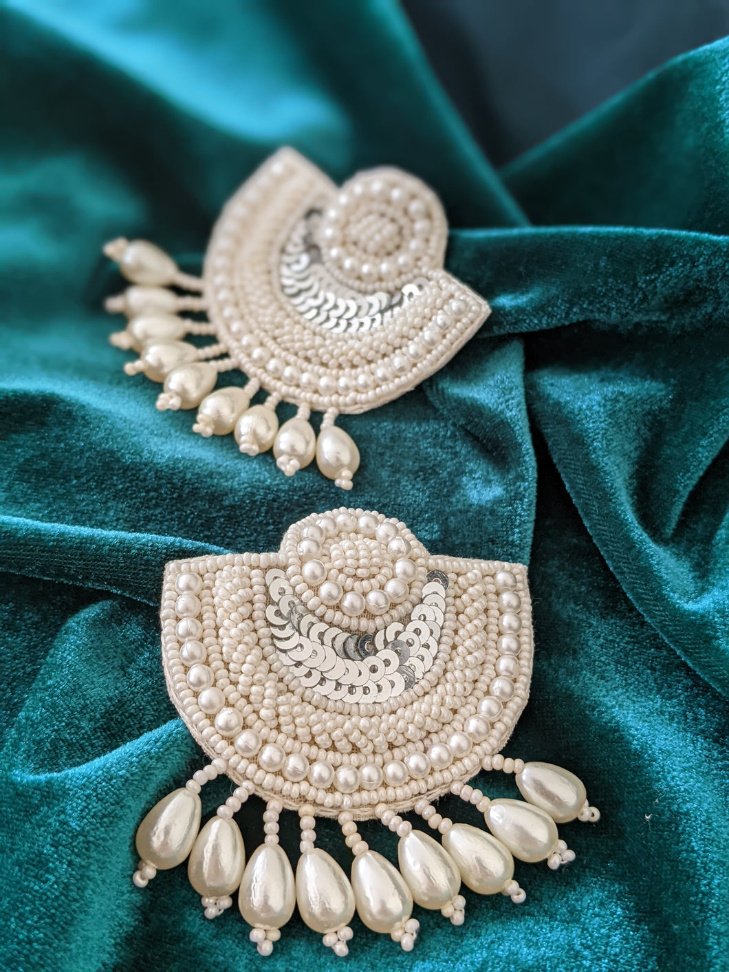fabric earrings, white earrings, hand beaded earrings, earrings for women, party earrings, indian earrings, white earrings, white