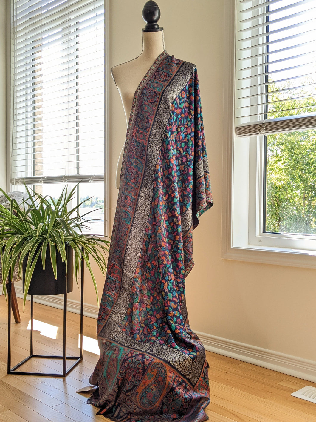 winter shawl, shawl, Kashmiri Shawl, blue shawl, floral print shawl